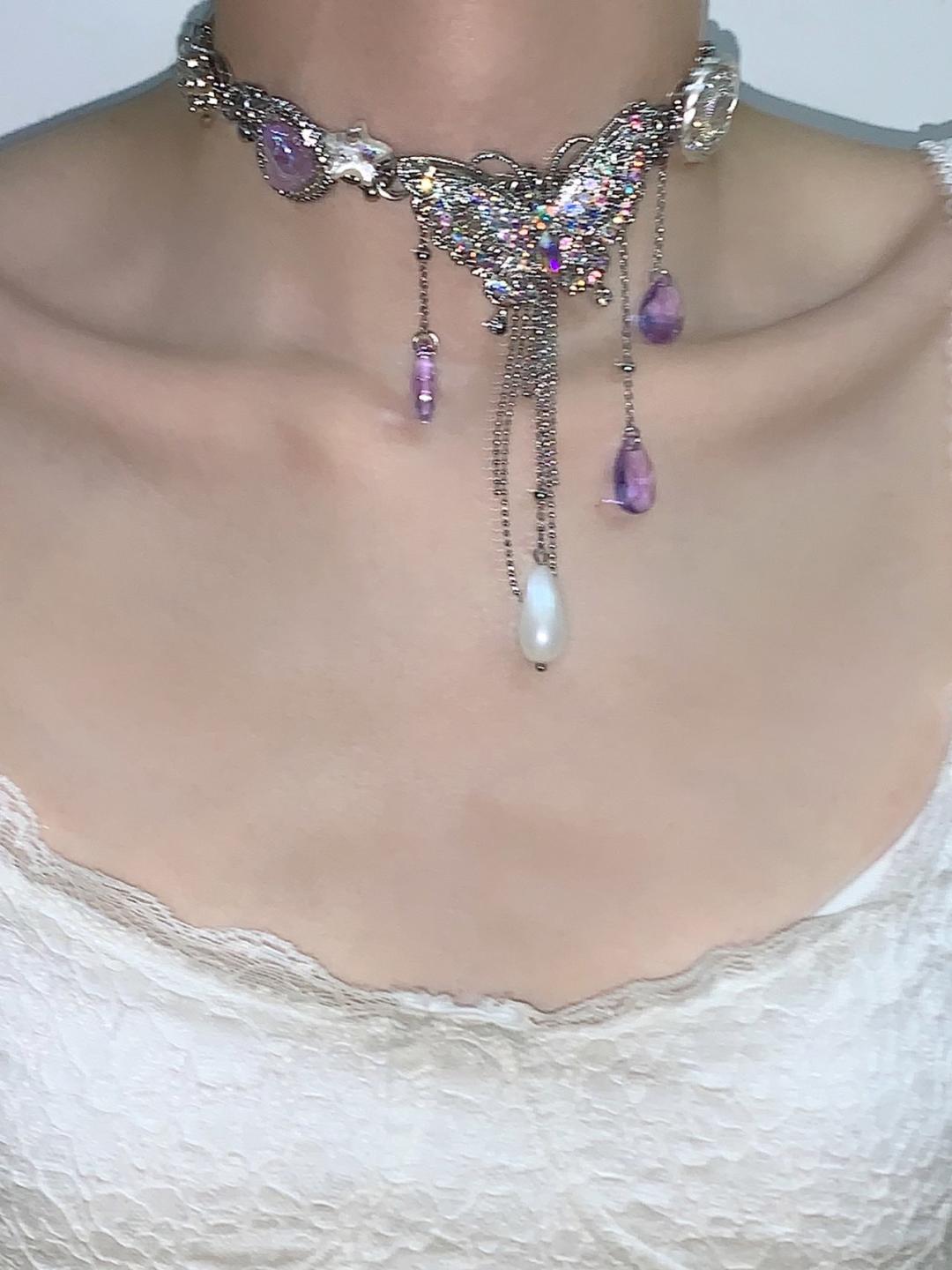 Purple Butterfly Flower Tassel Choker