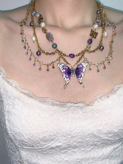 Purple Butterfly Pendant Tassel Layered Necklace Waist Chain