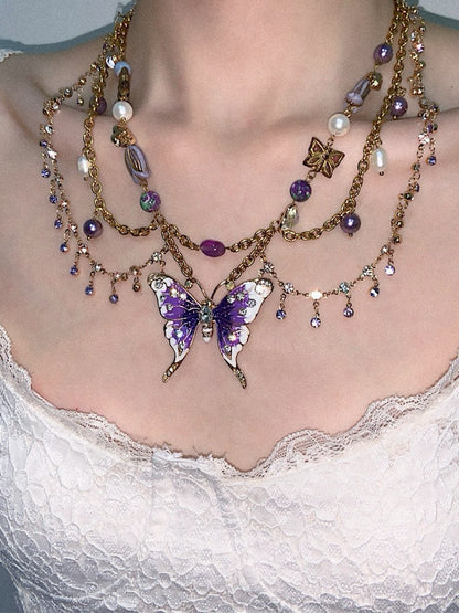 Purple Butterfly Pendant Tassel Layered Necklace Waist Chain