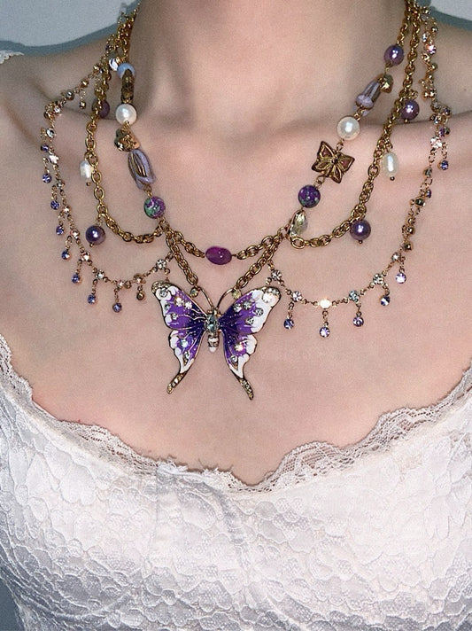 Purple Butterfly Pendant Tassel Layered Necklace Waist Chain
