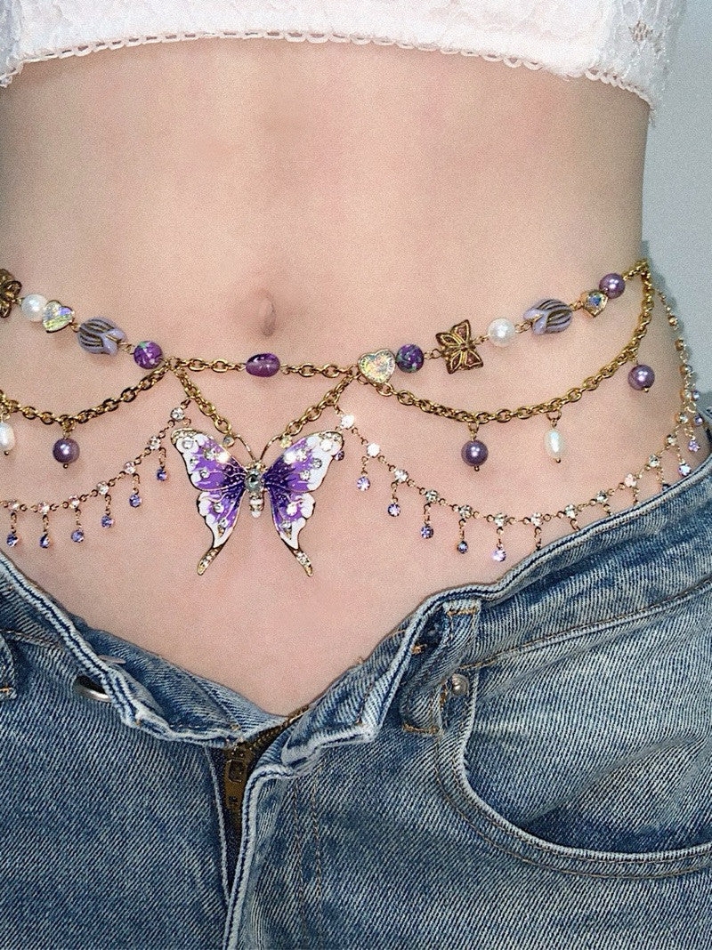 Purple Butterfly Pendant Tassel Layered Necklace Waist Chain