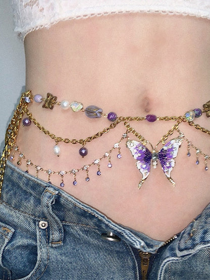 Purple Butterfly Pendant Tassel Layered Necklace Waist Chain