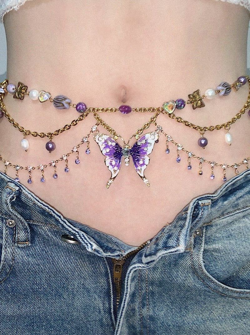 Purple Butterfly Pendant Tassel Layered Necklace Waist Chain