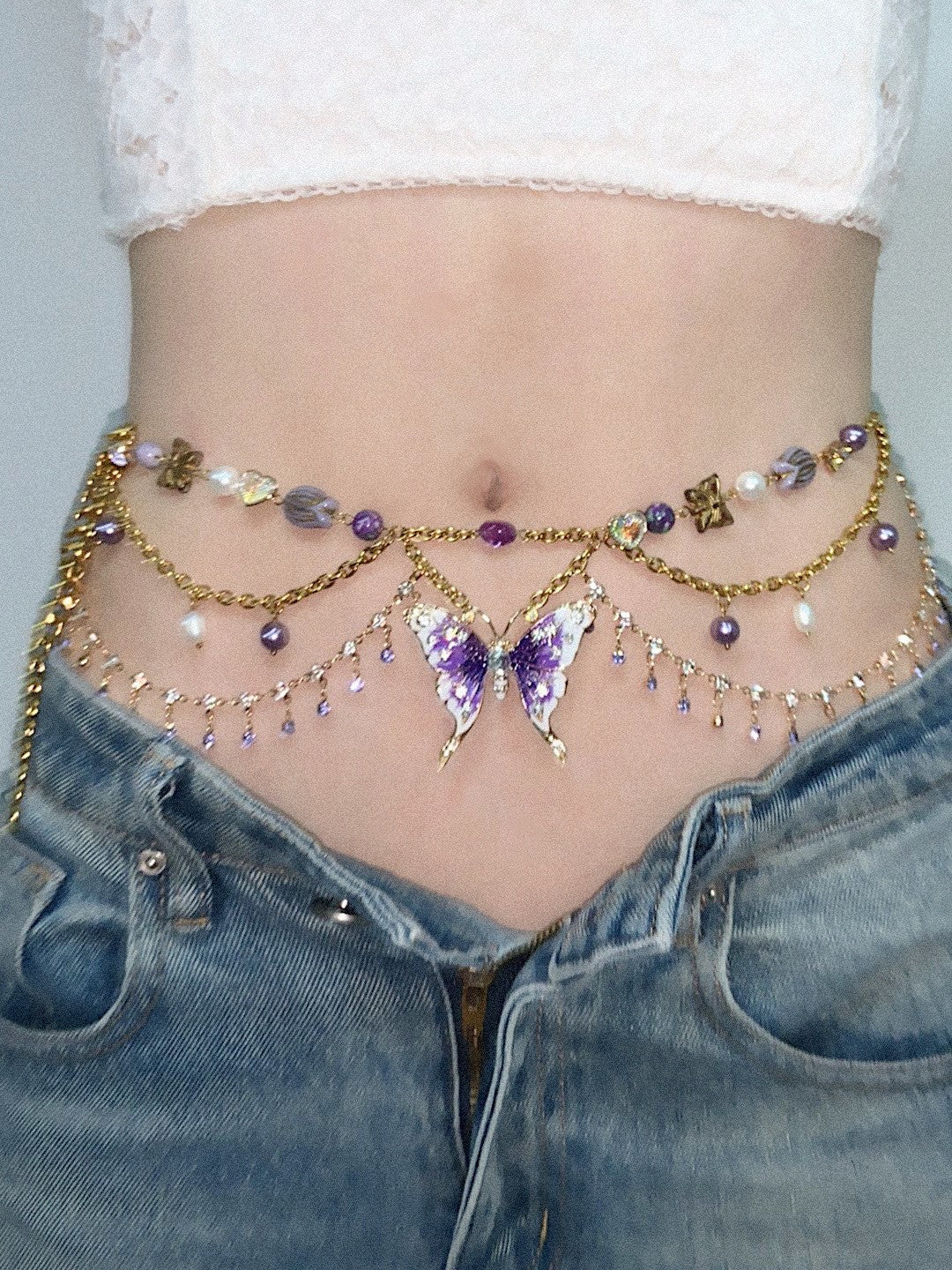 Purple Butterfly Pendant Tassel Layered Necklace Waist Chain