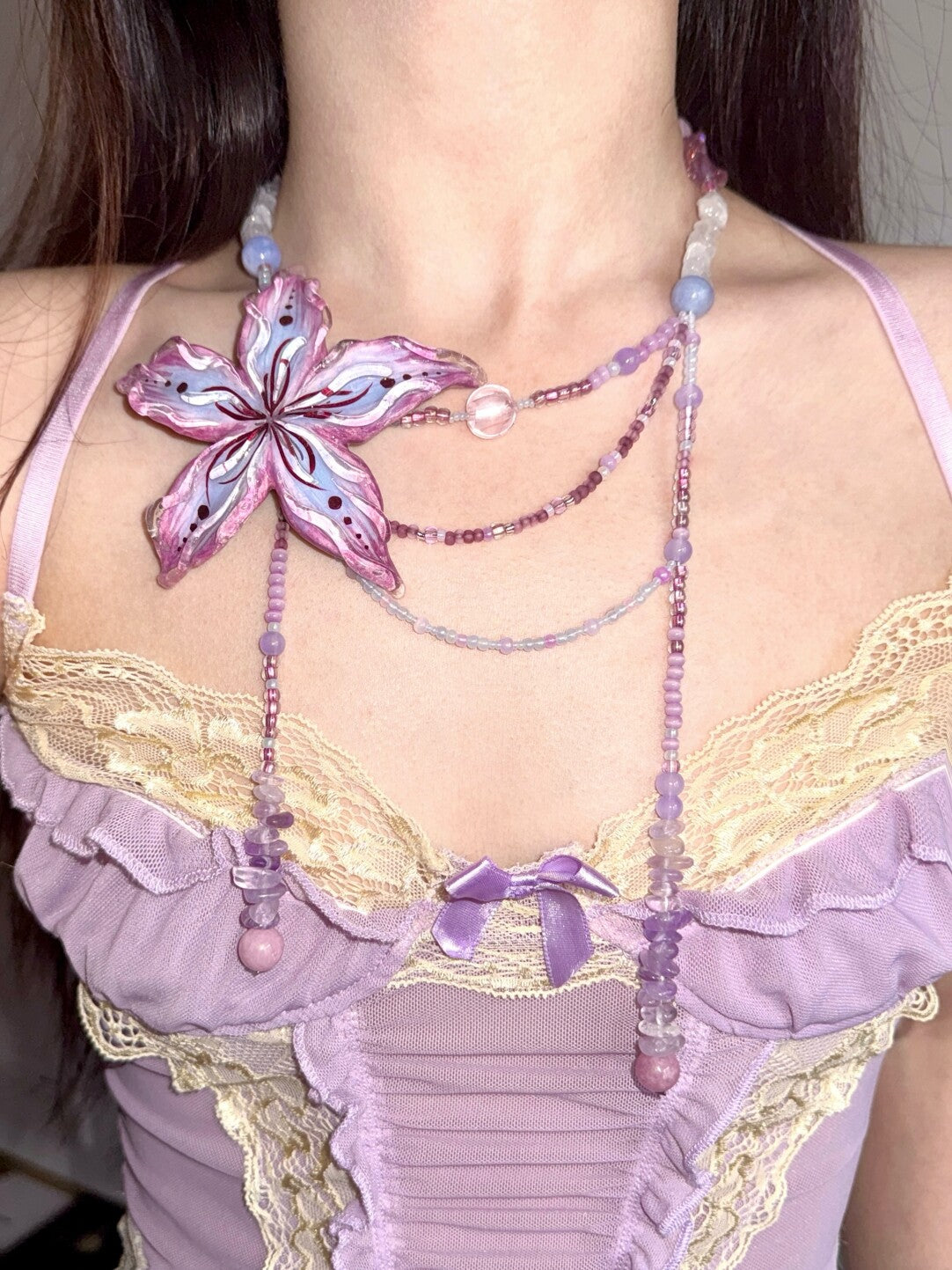 Purple Clay Clematis Tassel Beaded Necklace
