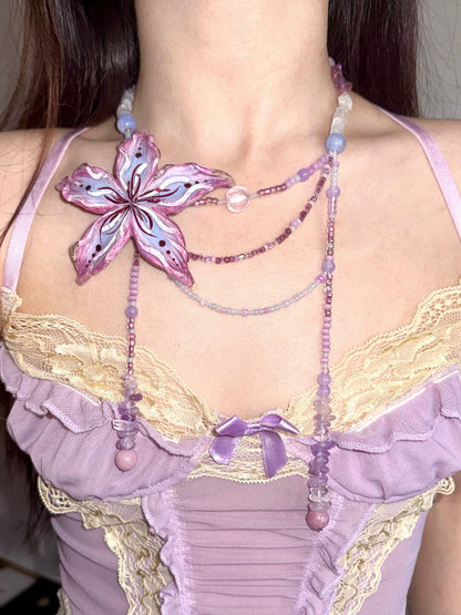 Purple Clay Clematis Tassel Beaded Necklace