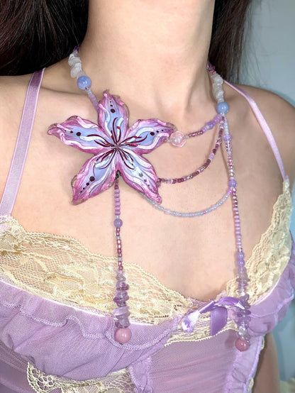 Purple Clay Clematis Tassel Beaded Necklace