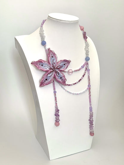 Purple Clay Clematis Tassel Beaded Necklace