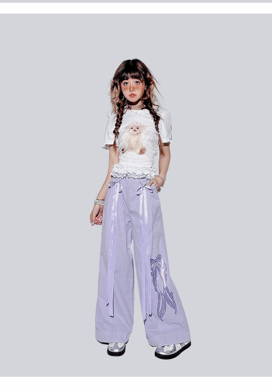 Purple Lace-Trim Bow Decorated Long Pants