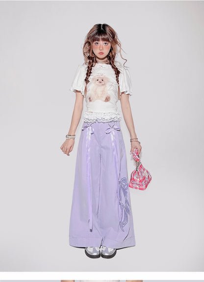 Purple Lace-Trim Bow Decorated Long Pants