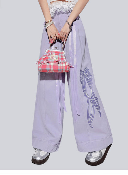 Purple Lace-Trim Bow Decorated Long Pants