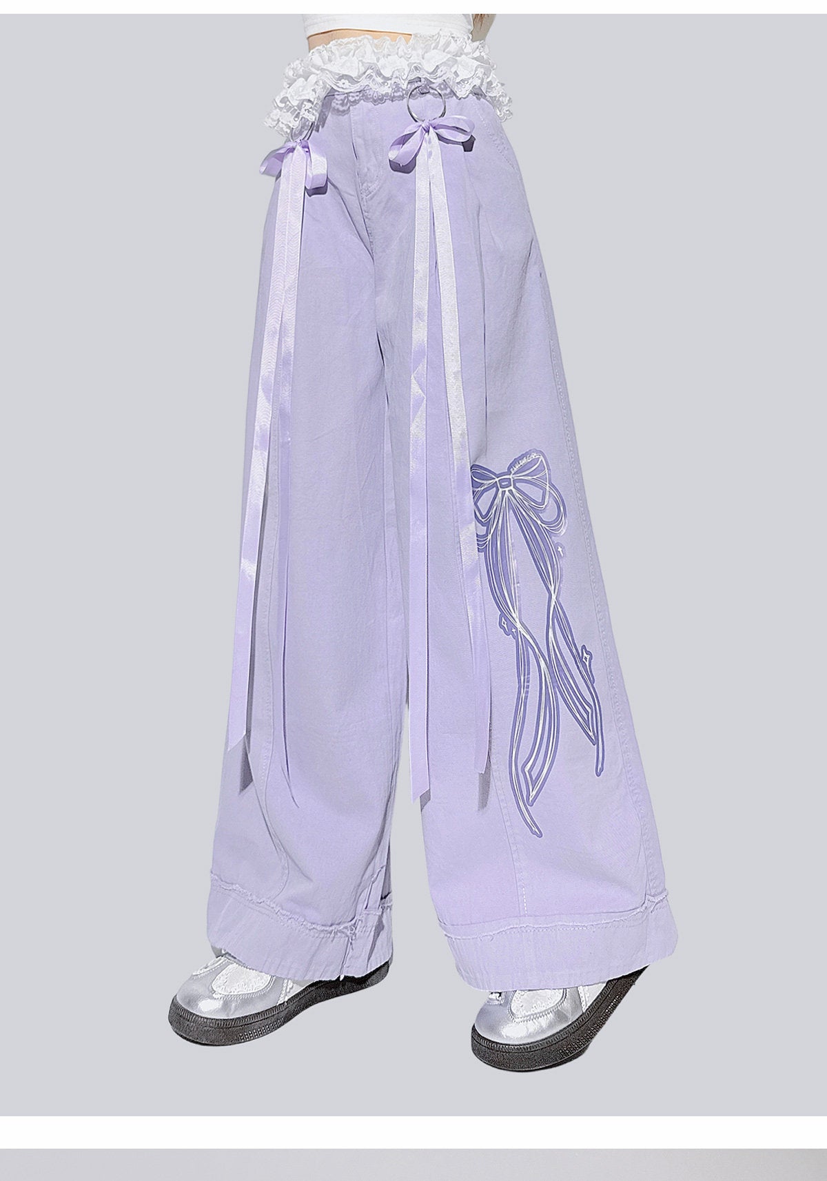 Purple Lace-Trim Bow Decorated Long Pants
