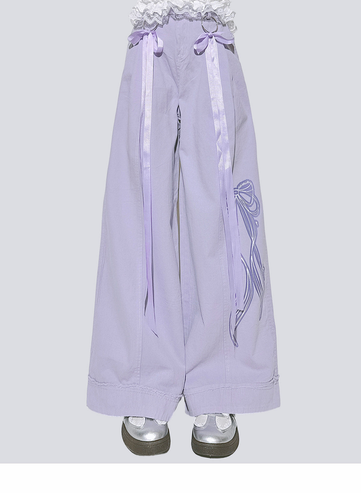 Purple Lace-Trim Bow Decorated Long Pants