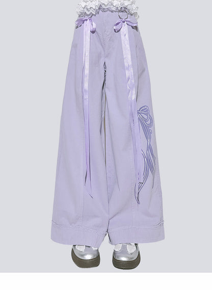 Purple Lace-Trim Bow Decorated Long Pants