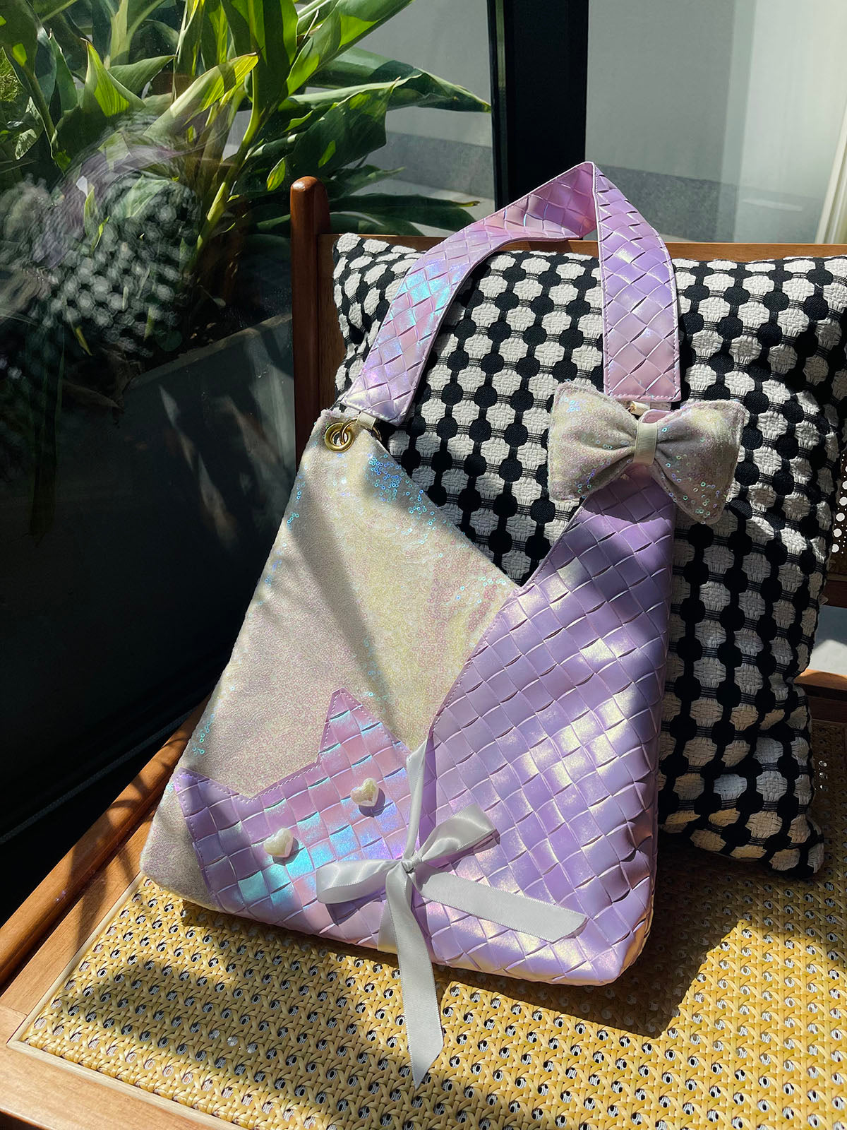 Purple Sequins Cat Bow Shoulder Bag