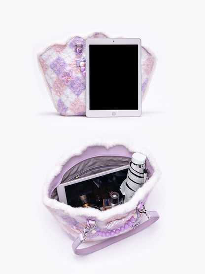 Purple Shell-Shaped Plush Beaded Shoulder Bag