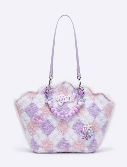 Purple Shell-Shaped Plush Beaded Shoulder Bag