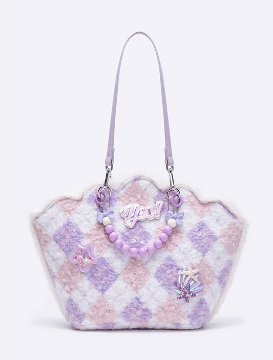 Purple Shell-Shaped Plush Beaded Shoulder Bag