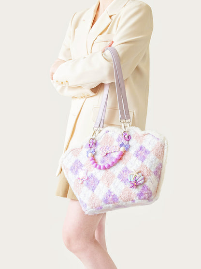 Purple Shell-Shaped Plush Beaded Shoulder Bag