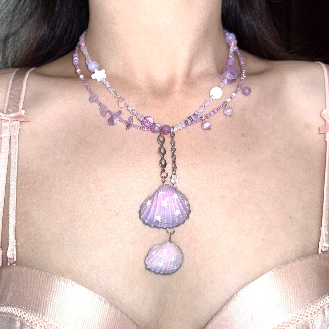 Purple Shell Beaded Tassel Choker