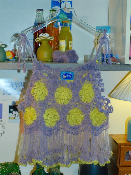 Purple Yellow Flower Tassel Handmade Crochet Top