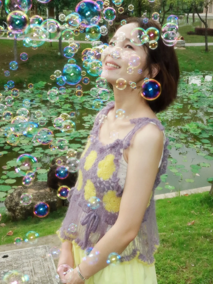 Purple Yellow Flower Tassel Handmade Crochet Top