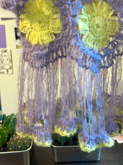 Purple Yellow Flower Tassel Handmade Crochet Top