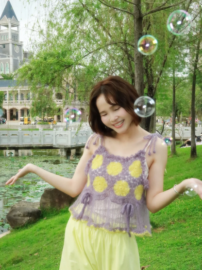 Purple Yellow Flower Tassel Handmade Crochet Top