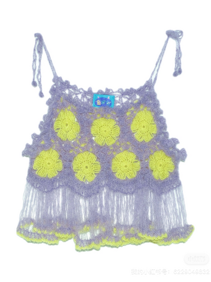 Purple Yellow Flower Tassel Handmade Crochet Top