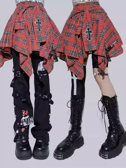 Rebel Checkerboard — An Asymmetric Dark Red Plaid Skirt