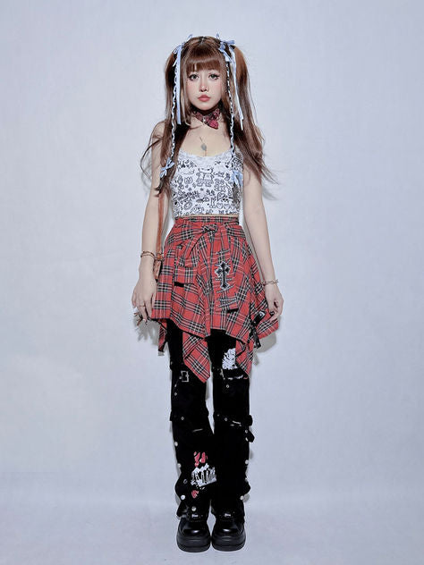 Rebel Checkerboard — An Asymmetric Dark Red Plaid Skirt