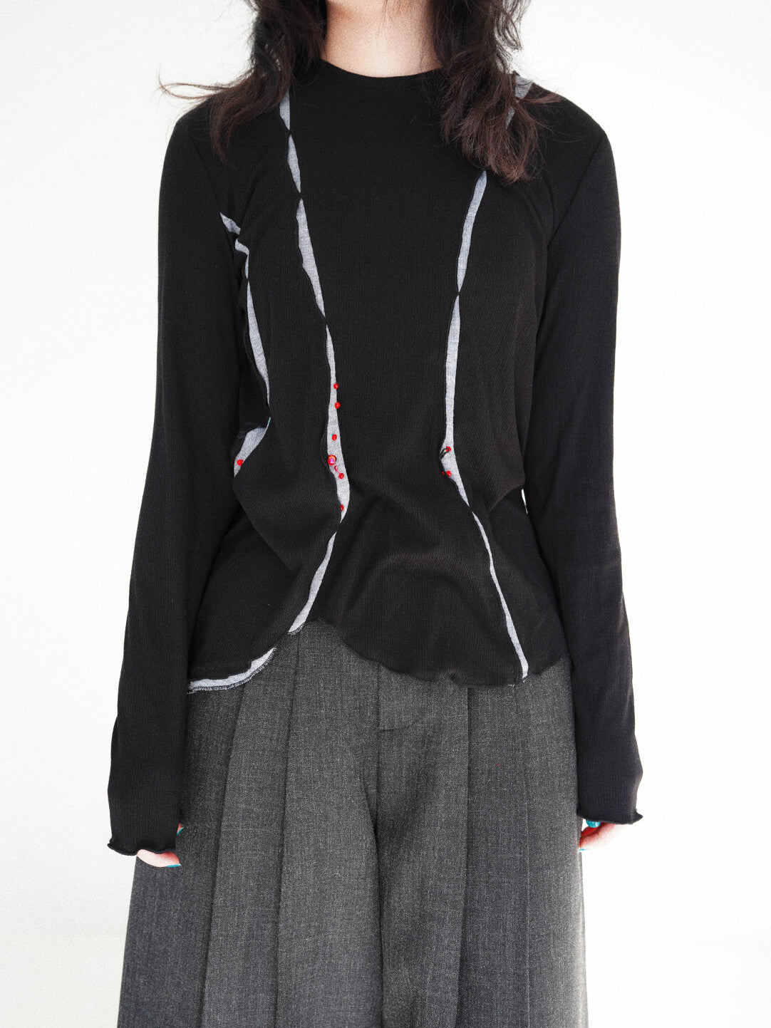 Red Bead Decor Black Knit Pullover