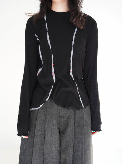 Red Bead Decor Black Knit Pullover