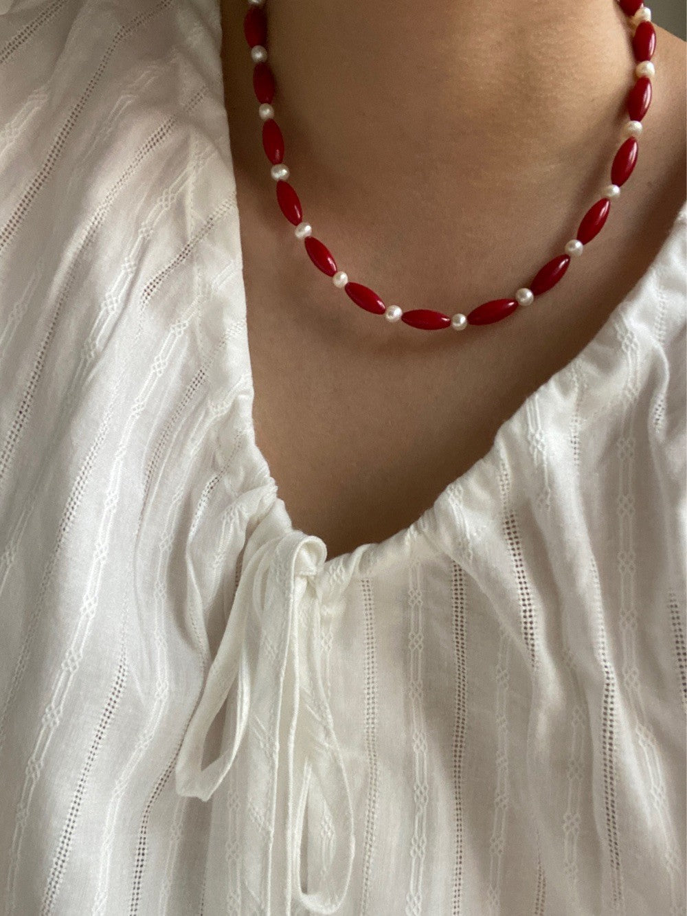 Red Beaded Pearl Necklace