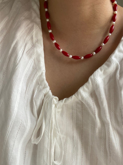 Red Beaded Pearl Necklace