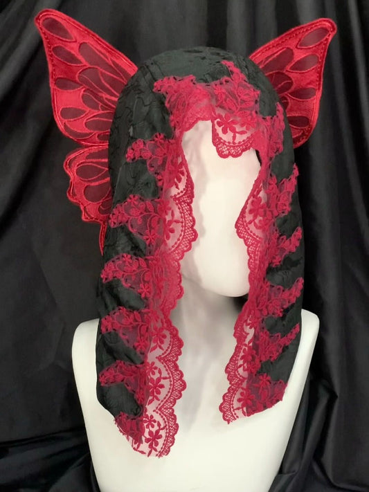Red Black Lace Hood with Butterfly Wings