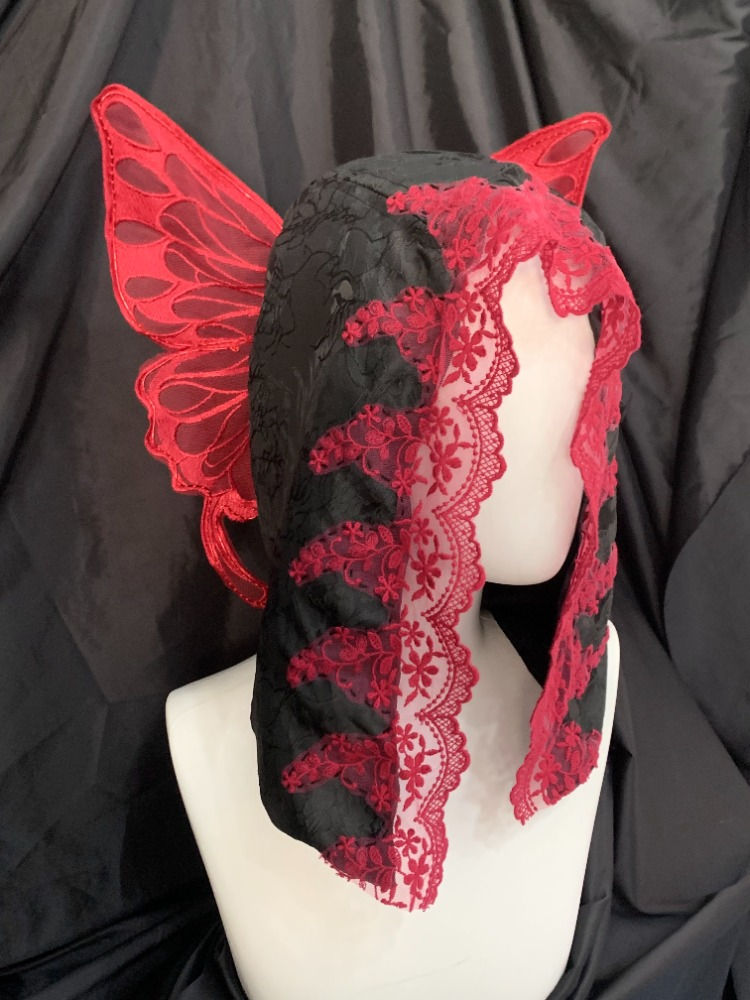 Red Black Lace Hood with Butterfly Wings