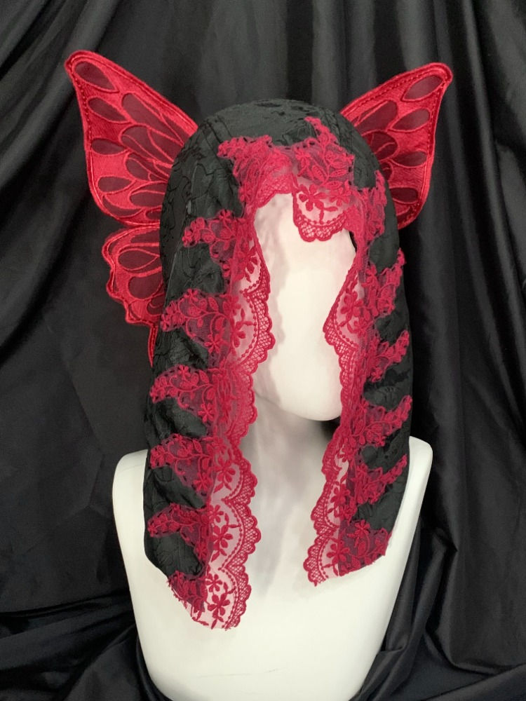 Red Black Lace Hood with Butterfly Wings