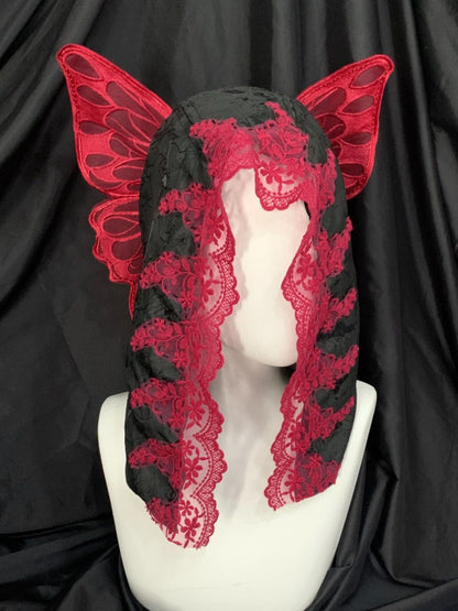 Red Black Lace Hood with Butterfly Wings