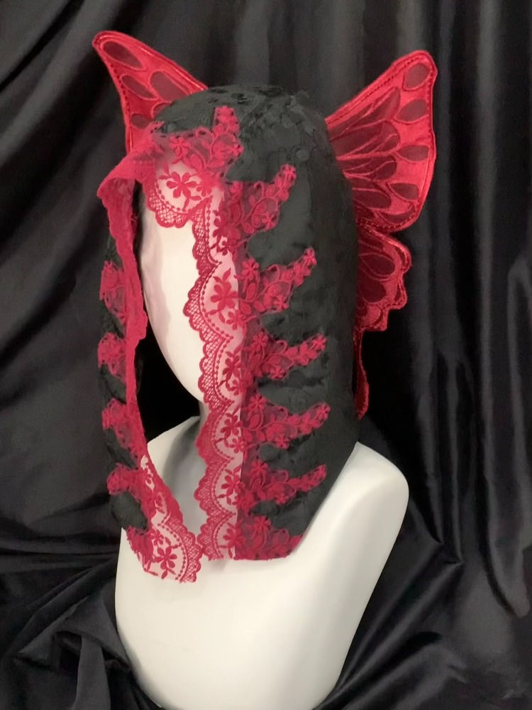 Red Black Lace Hood with Butterfly Wings