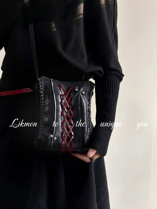 Red Black Woven Leather Mini Crossbody Bag | Bag | Three Fleas