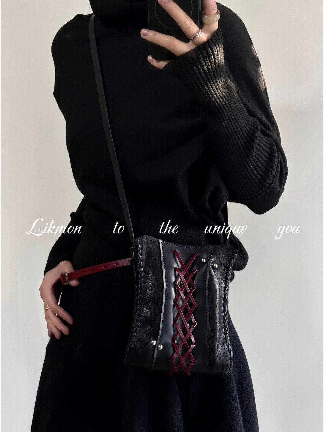 Red Black Woven Leather Mini Crossbody Bag | Bag | Three Fleas