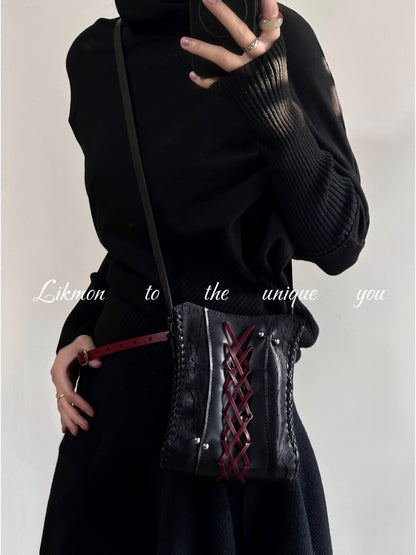 Red Black Woven Leather Mini Crossbody Bag | Bag | Three Fleas