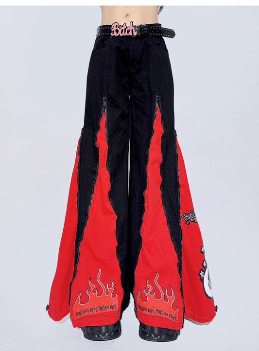 Red Flame Retro Side-Panel Denim Jeans