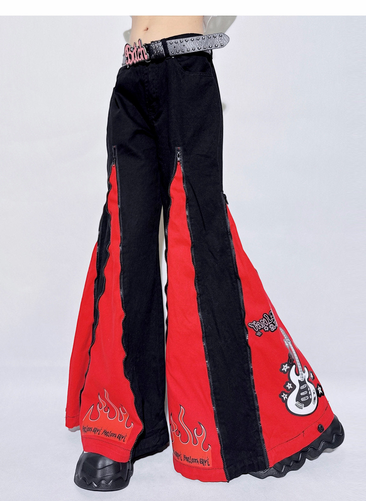 Red Flame Retro Side-Panel Denim Jeans