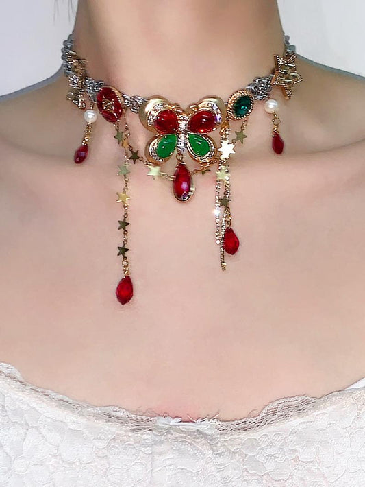 Red Green Butterfly Tassel Choker