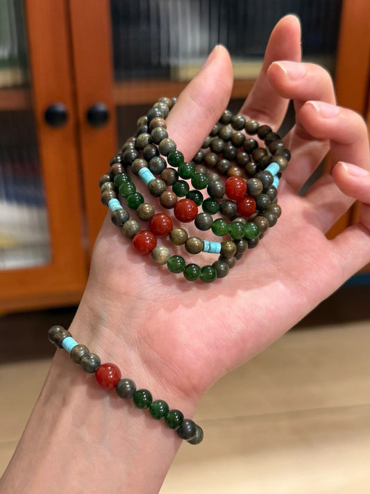 Red Green Natural Jade Agate Sandalwood Beaded Bracelet