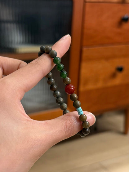 Red Green Natural Jade Agate Sandalwood Beaded Bracelet