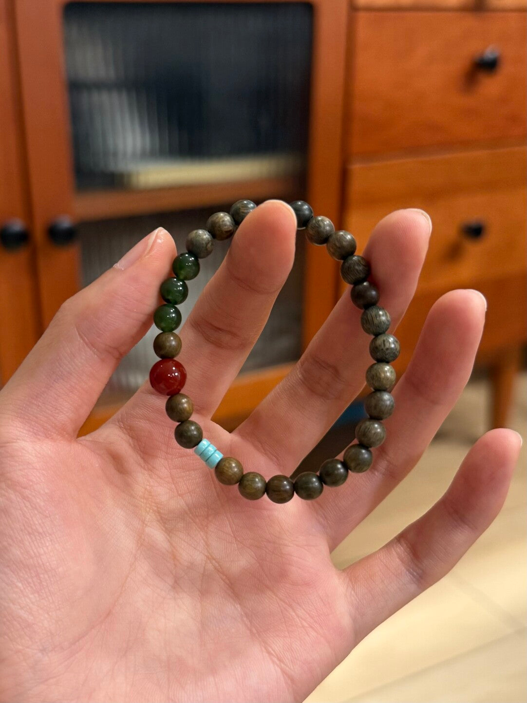 Red Green Natural Jade Agate Sandalwood Beaded Bracelet