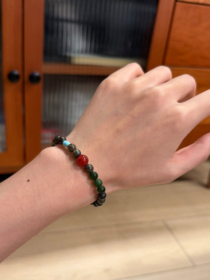 Red Green Natural Jade Agate Sandalwood Beaded Bracelet